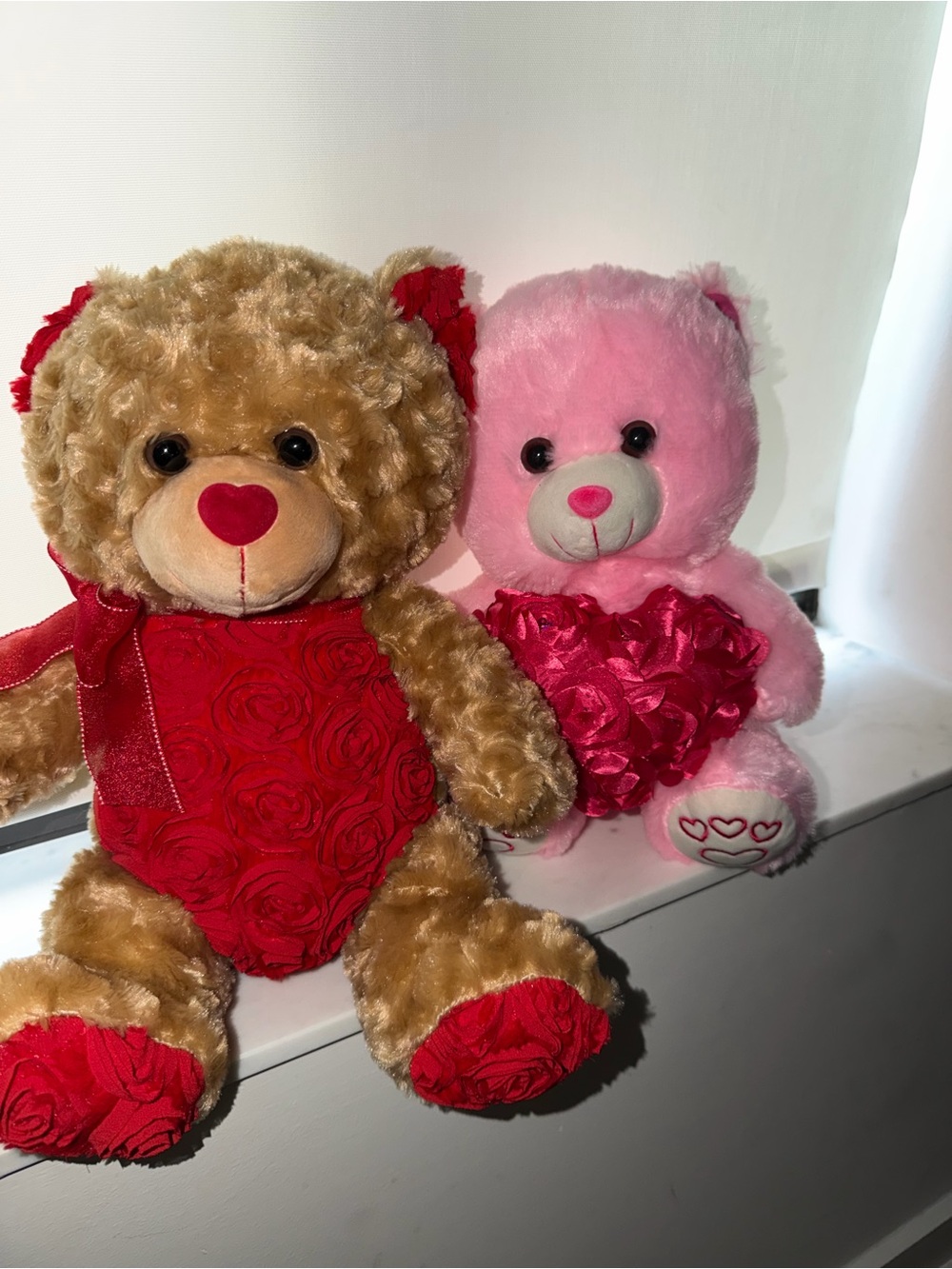 Brown & Pink Heart Plush Bears - Red Accents